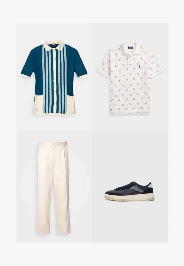 T-paita lyhyillä hihoilla tummansinisenvihreänä, jossa on vaaleansiniset pystysuorat raidat. Yksityiskohtana kermanvärinen kaulus ja kaksi etutaskua.; Valkoinen polo-paita, joka on valmistettu puuvillasta ja jossa on toistuva sininen koirakuosi sekä pieni sininen logo rinnassa. Lyhyet hihat ja kaulus.; Vaaleanbeige puuvillahousut, joissa on suora lahje, varustettu nappisulkeisella ja etupuolella olevilla laskoksilla lisäyksinä.; BOSS BALTIMORE - Matalavartiset tennarit - open blue