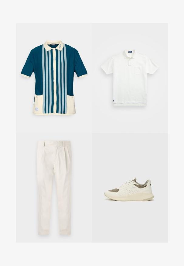 Polo à manches courtes en vert foncé avec des rayures verticales bleu clair. Doté d'un col crème et de deux poches avant.; Polo shirt blanc en coton, avec un col classique, une patte de boutonnage à trois boutons et une poche sur la poitrine à gauche ; petit logo en bas.; Pantalons blancs plissés avec une coupe ajustée, dotés d'une texture lisse, de passants de ceinture et de jambes fuselées. Pas de poches visibles ni de motifs.; Basket de sport blanche et beige clair, avec une tige en maille, des détails perforés et une semelle intermédiaire texturée avec un logo sur le talon.