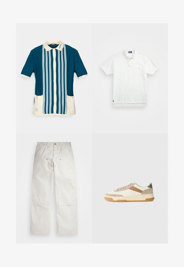 Tricou polo cu mânecă scurtă de culoare verde închis, cu dungi verticale de culoare albastru deschis. Prezintă un guler de culoare crem și două buzunare frontale.; Cămașă polo albă din bumbac, cu un guler clasic, placket cu trei nasturi și un buzunar pe pieptul stâng; logo mic pe tiv.; Pantaloni din bumbac alb, cu o croială lejeră, având buzunare frontale, detalii din accesorii aurii și îmbinări la genunchi.; Adidași în nuanțe de bej, crem și verde măsliniu, realizati din materiale de piele nobila și suede, cu vârf rotund, design minimalist și talpă din cauciuc.
