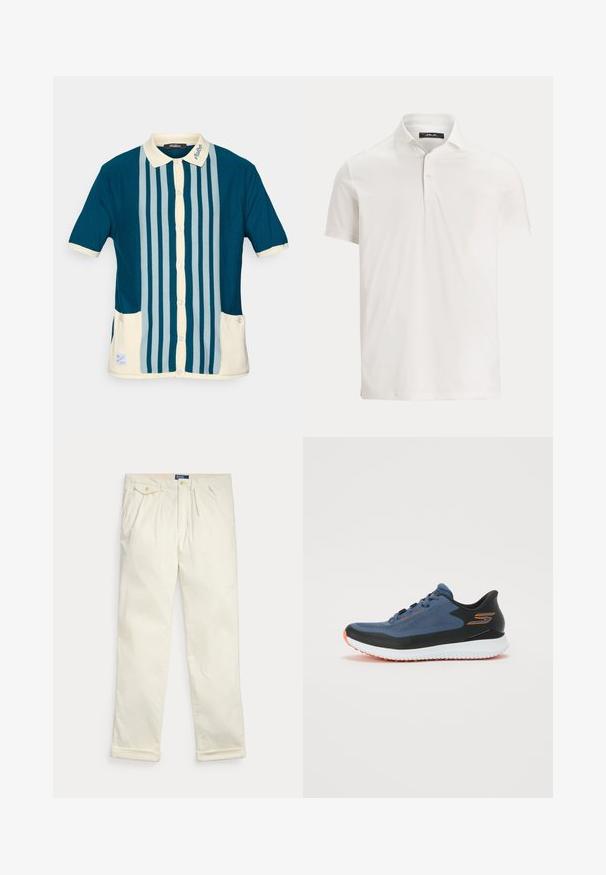 T-svārku krekls ar īsām piedurknēm tumši zaļā krāsā ar gaiši ziliem vertikāliem svītrainām. Ar krēmkrāsas apkakli un divām priekšējām kabatām.; Vīriešu balta īsroku polo krekls ar apkakli, divām pogām un smalku logotipa etiķeti uz iekšējās apkakles.; Krēmkrāsas kordurojas bikses ar bantiem, sānu kabatām, kabatu ar aizpogājamu atloku un salocītām aprocēm, novietotas uz balta fona.; Skriešanas apavi ar zilu sieta materiālu, melnām akcentiem un baltu vidus daļu. Iezīmējas ar oranžu zoli un strukturētu dizainu.