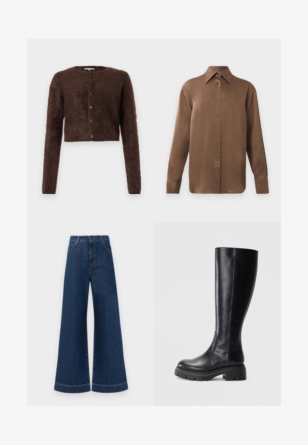 Hnědý huňatý zkrácený kardigan s dlouhými rukávy, kulatým výstřihem a pěti knoflíky vpředu; měkká textura a jednoduchý design.; Hnědá košile s dlouhým rukávem, zapínaná na knoflíky, s špičatým límcem a manžetami, vystavená na jednobarevném bílém pozadí.; Široké modré džíny s vysokým pasem, se zapínáním na knoflík, poutky na opasek a jemnými stehy podél kapes a lemů.; Černé kozačky po kolena vyrobené z hladké kůže, s kulatou špičkou a robustní gumovou podrážkou s dezény pro lepší trakci.