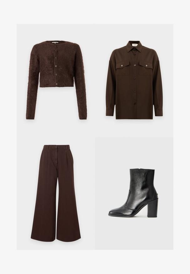 Brown fluffy cropped cardigan with long sleeves, round neck, and five button closure on the front; soft texture and simple design.; Dark brown long-sleeve button-up shirt with two flap chest pockets and a classic collar, displayed against a plain white background.; High-waist wide-leg brown pants with button and zipper closure, belt loops, and front pleats.; Black leather ankle boot with a smooth texture, pointed toe, and a chunky high heel. Features a side opening and minimalistic design.