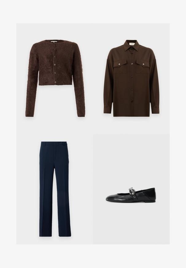 Brauner, flauschiger, kurz geschnittener Cardigan mit langen Ärmeln, Rundhalsausschnitt und fünf Knopfverschlüssen auf der Vorderseite; weicher Stoff und schlichtes Design.; Dunkelbraunes Langarmhemd mit Knopfleiste, zwei Brusttaschen mit Klappe und klassischem Kragen, vor einem schlichten weißen Hintergrund präsentiert.; Marineblaue Hose aus glattem Stoff, mit einem geraden Bein-Design, Vorderfalten und Seitentaschen für einen maßgeschneiderten Look.; Schwarze Ballettflat mit spitzer Spitze, ausgestattet mit einem Riemen und einer runden, metallischen Schnalle sowie einer flachen Sohle.