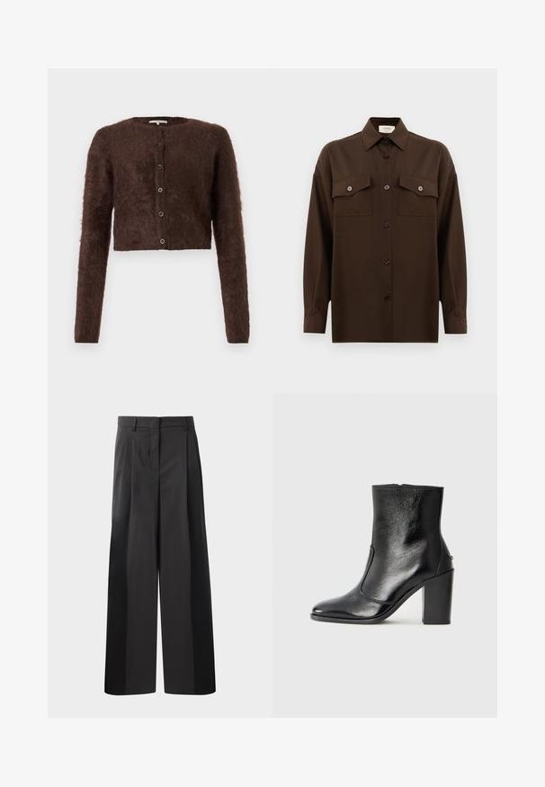 Bruine fluffy geknipte cardigan met lange mouwen, ronde hals en vijf knopen aan de voorkant; zachte textuur en eenvoudig ontwerp.; Donkerbruin langarm overhemd met knopen, voorzien van twee zakken met klep op de borst en een klassieke kraag, weergegeven tegen een effen witte achtergrond.; Zwarte wijde broek met hoge taille, met voorplooien, een gladde textuur en een nette afwerking. Ontworpen voor een ontspannen pasvorm.; Zwarte leren enkelboot met een gladde textuur, spitse neus en een gedurfde hoge hak. Beschikt over een zijopening en een minimalistisch ontwerp.