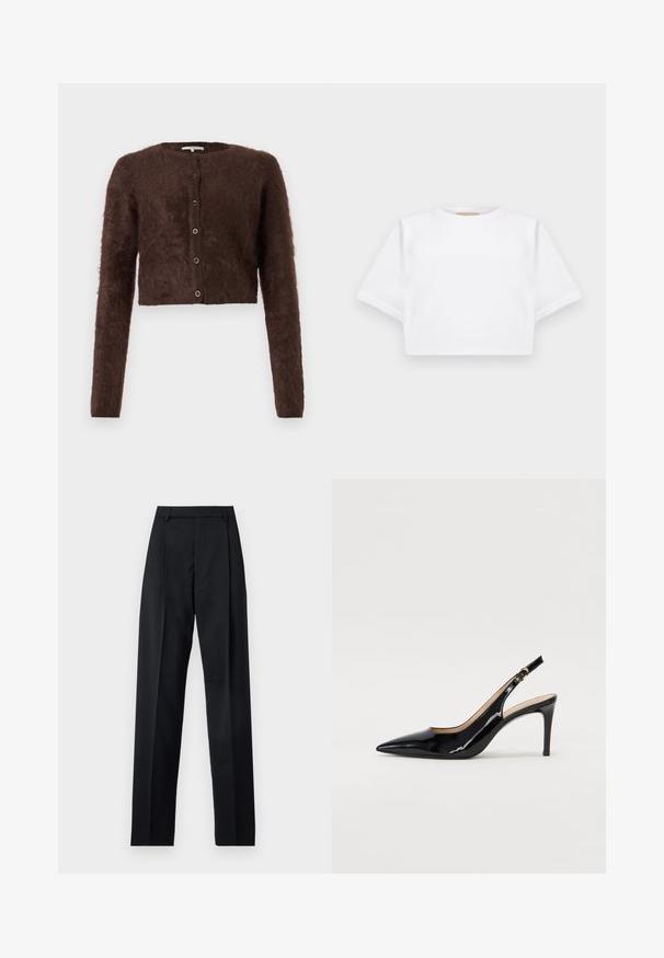 Pruun koheline lühike kardigan pikkade varrukatega, ümmargune kaelus ja viis nööpi ees; pehme tekstuur ja lihtne disain.; Lühikeste varrukatega, pehmest kangast lõigatud valge T-särk, millel on ümar kaelus ja soonikuga ääred. Lihtne ja ilma kaunistusteta disain.; Mustad püksid siledast kangast, millel on kõrge vöökoht, laiad jalad, esimesed kortsud ja klassikalised vööloopid. Küljepockets pole nähtavad.; Must hõbedavärvi patendiga slingback kontsakingad terava varbaga, kitsas konts ja peene lõikega disain. Statistika on kuldne pandla rihmal.