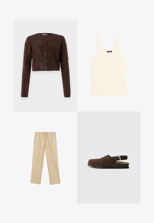 Brown fluffy cropped cardigan with long sleeves, round neck, and five button closure on the front; soft texture and simple design.; Light beige tank top made of ribbed fabric, featuring a round neckline and thick straps, with a fitted shape and minimal detailing.; Light beige, loose-fitting trousers with an elastic waistband and drawstring. Features two side pockets and a smooth texture.; Brown suede slip-on shoe with a low heel, an adjustable strap with a silver buckle, and a black rubber sole.