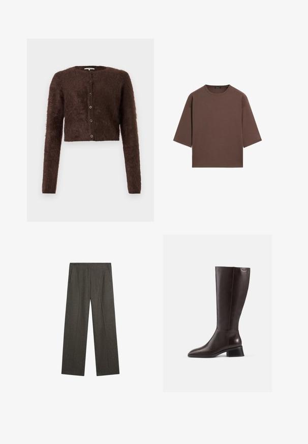 Bruine fluffy geknipte cardigan met lange mouwen, ronde hals en vijf knopen aan de voorkant; zachte textuur en eenvoudig ontwerp.; Bruine cropped t-shirt met een ronde halslijn, korte mouwen en een zachte textuur. Ontworpen met een losse pasvorm en minimale details.; Donkergrijze, wijde broek gemaakt van een gestructureerde stof, met twee zijzakken en een nette frontplooi. Eenvoudig, passend ontwerp.; Kniehoge bruine leren laarzen met een gladde afwerking, ronde neus en een gestapelde zwarte hak. Eenvoudig ontwerp met minimale hardwaredetails.