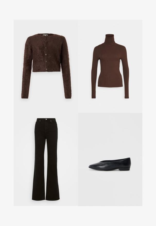 Brown fluffy cropped cardigan with long sleeves, round neck, and five button closure on the front; soft texture and simple design.; Pieces PCKITTE ROLLNECK - Long sleeved top - chicory coffee; High-waisted black flared jeans made of denim, featuring a button closure, side pockets, and a smooth texture.; Black leather flat shoe with a pointed toe, slightly raised heel, and smooth surface. Simple design with no visible hardware or patterns.