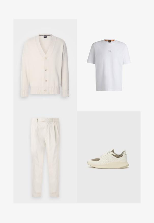 Cream cardigan with a V-neck, five button closure, ribbed cuffs and hem, made of soft material, featuring a simple, classic design.; White cotton T-shirt with short sleeves, featuring a black "BOSS" logo centered on the chest and a round neck design.; White, pleated trousers with a tailored fit, featuring a smooth texture, belt loops, and tapered legs. No visible pockets or patterns.; White and light beige athletic sneaker, featuring a mesh upper, perforated detailing, and a textured midsole with branding on the heel.