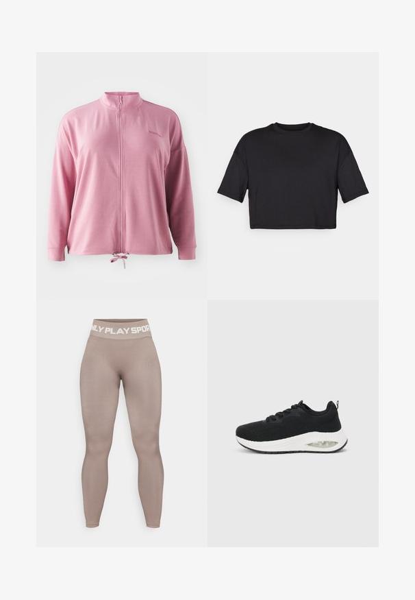 Roze ritsjack met een hoge kraag, lange mouwen, een koord aan de onderkant en subtiele logo-geborduurde details. Gladde, lichte stof.; Zwarte cropped t-shirt gemaakt van zachte stof, met een ronde halslijn en korte, brede mouwen, met een eenvoudig, naadloos ontwerp.; Hoogwaist, beige leggings gemaakt van rekbare stof met een zachte textuur; met witte opdruk op de tailleband met de tekst "ONLY PLAY SPORT."; Zwarte sportieve sneaker met een textuur gebreid bovenwerk, witte tussenzool en zichtbare luchtkussendetails. Beschikt over zwarte veters en een treklabel.