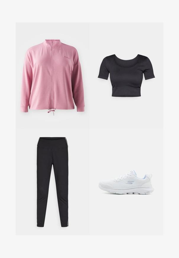 Różowa bluza zapinana na zamek z wysokim kołnierzem, długimi rękawami, sznurkiem ściągającym na dole oraz subtelnym haftem logo. Gładki, lekki materiał.; Czarny prążkowany krótki top z krótkimi rękawami, szerokim okrągłym dekoltem i dopasowanym paskiem na dole. Miękka tekstura, casualowy design.; Czarne legginsy z elastycznego materiału. Wysoki stan, zwężany krój, z białymi paskami po bokach wzdłuż zewnętrznych szwów. Gładka tekstura.; Białe sportowe buty z oddychającą siateczką u góry, jasnoniebieskimi akcentami i amortyzowaną podeszwą z teksturowanym wzorem grip.