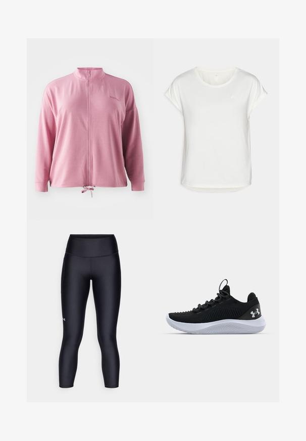 Roosa tõmbluku ja kõrge kraega jakk, pikkade varrukatega, allääres nööriga, koos diskreetse logoga brodeeringuga. Sujuv, kerge kangas.; Valge lühikeste varrukate ja ümmarguse kaelusega t-särk, valmistatud siledast kangast. Omab kerget volti varrukatel ja peent logo detaili rinnal.; Mustad mustad leggings, mis on valmistatud siledast ja elastsetest materjalidest. Kõrge vöökohaga disain, mis hoiab lähedast istuvust ning väikese logo vasakul jalal.; Mustad mustren pruunid sportlikud kingad, millel on hingav võrgust pealis, tekstuuriga detailid ja valgest kummist talla. Omavad lapikuid paelu ja kandmismehhanismi.