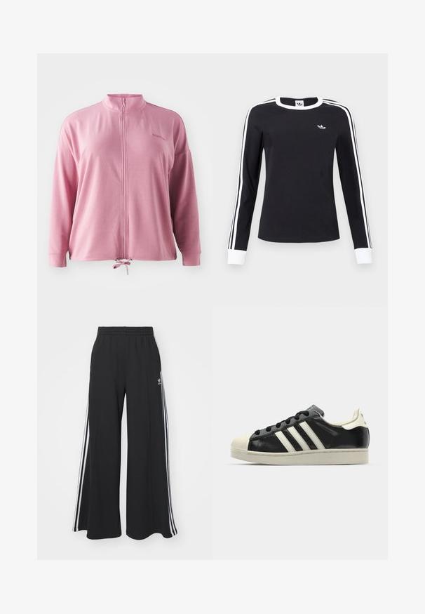 Rosa zip-up jakke med høy krage, lange ermer, snøring i kanten og subtil logo broderi. Glatt, lett stoff.; Svart langermet skjorte med hvit krage og mansjetter, hvite striper langs ermene, og liten hvit Adidas-logo på venstre bryst.; Svart vide joggebukser med elastisk midjebånd, med hvite sidestriper og brodert logo på venstre lår.; Svarte skinnsneakers med hvite striper, gummitopp, svarte lisser og en kremfarget såle. Glatt tekstur med blank finish.