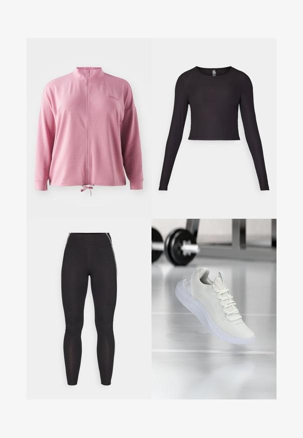 Veste zippée rose avec col montant, manches longues, cordon de serrage à l'ourlet et broderie de logo discrète. Tissu lisse et léger.; Haut cropped à manches longues noir en tissu côtelé. Il présente un col rond et une silhouette ajustée avec une surface texturée.; Leggings noirs en matériau extensible avec une taille haute. Ils présentent des rayures blanches sur les côtés et une texture lisse tout au long.; Sneaker de sport blanche avec une tige en maille texturée et un système de laçage, dotée d'une semelle blanche rembourrée et de subtiles accents striés.