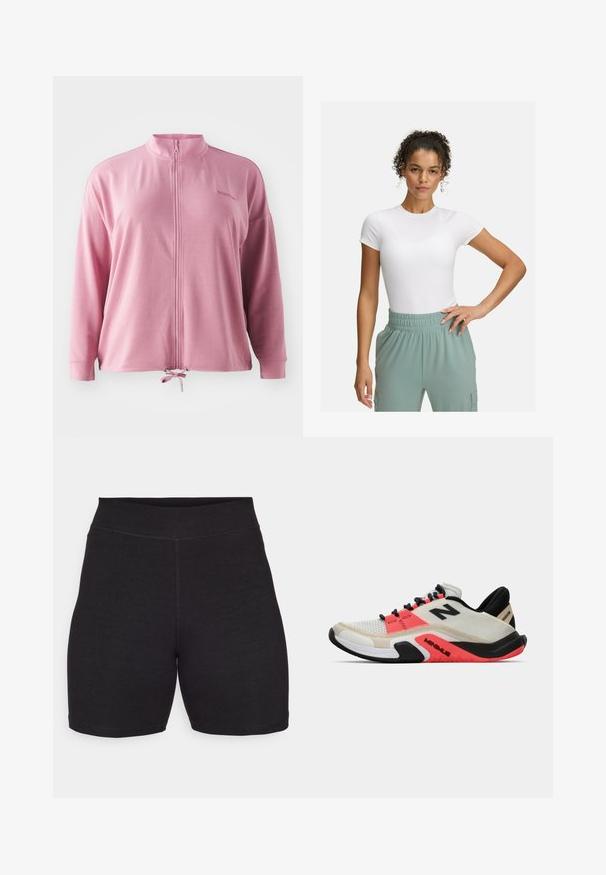 Giacca rosa con zip e colletto alto, maniche lunghe, coulisse all'orlo e ricamo del logo sobrio. Tessuto liscio e leggero.; T-shirt bianca aderente con maniche corte, abbinata a pantaloni con elastico in vita di colore verde chiaro. Texture liscia, design minimalista e nessun motivo visibile.; Pantaloni ciclistici neri a vita alta, realizzati in un tessuto elasticizzato e morbido. Presentano cuciture piatte e una superficie liscia per il massimo comfort.; New Balance MINIMUS TR - Scarpe da allenamento - sea salt