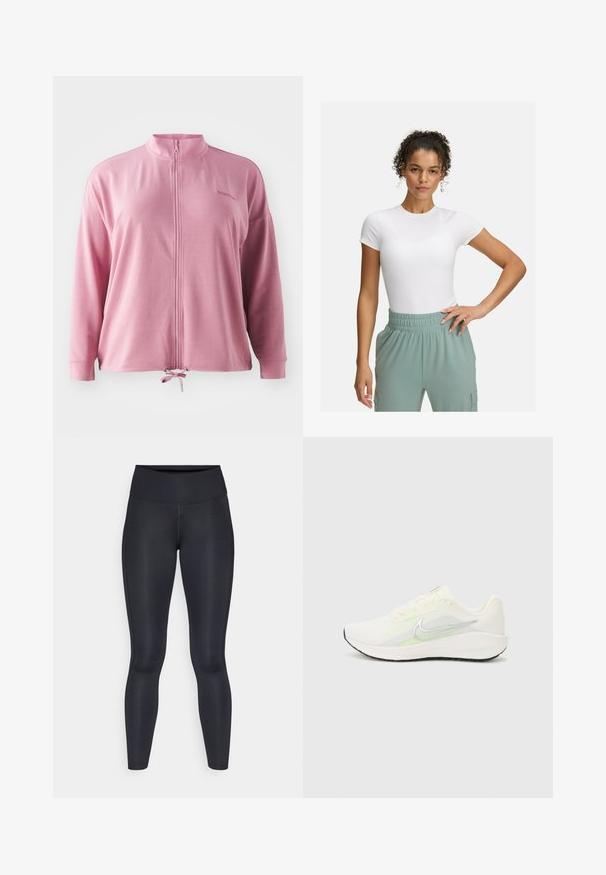 Rozā zip-krakens jaka ar augstu apkakli, garām piedurknēm, šņorēšanu apakšmalā un smalku logo izšuvumu. Gluda, viegla auduma.; Balta pieguļoša T-kreklā ar īsām piedurknēm, kombinēta ar gaiši zaļām elastīgām biksēm. Gluda tekstūra, minimālisma dizains, bez redzamām rakstainām detaļām.; Melnas legingi, izgatavoti no gludas, elastīgas auduma. Augsts jostasvieta bez redzamām rakstiem vai akcentiem. Cieši pieguļ no jostas līdz potītēm.; Nike Performance DOWNSHIFTER 13 - Apavi skriešanai pa asfaltu - sail/silver-coloured photon dust/summit white/barely volt/black