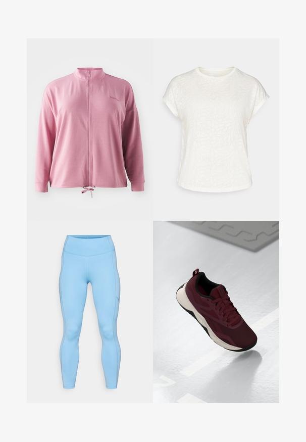 Růžová zipová bunda s vysokým límcem, dlouhými rukávy, šňůrkou na spodním lemu a jemnou výšivkou loga. Hladký, lehký materiál.; Bílý krátký rukáv tričko s texturovaným květinovým vzorem, kulatým výstřihem a volným střihem. Vyrobeno z měkké, lehké látky.; Světlomodré legíny vyrobené z elastické tkaniny. Mají vysoký pás, hladkou texturu a zakřivené švy podél nohou.; Bordová sportovní obuv s síťovaným svrškem, černými akcenty a polstrovanou bílou podešví. Obsahuje šněrování a poutko na patě.