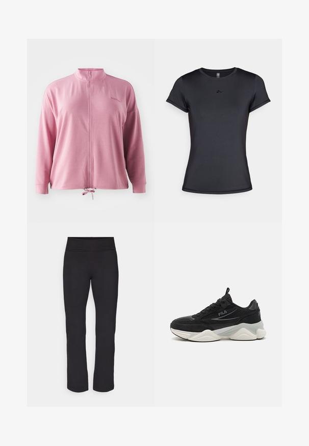 Rožinė zip-up striukė su aukštu apykakle, ilgomis rankovėmis, raiščiu apatiniame krašte ir subtiliu logotipo siuvinėjimu. Lygi, lengva medžiaga.; Juodas trumpomis rankovėmis marškinėliai, pagaminti iš lygaus, kvėpuojančio audinio, su minimalistiniu logotipu priekyje. Klasikinis apvalus kaklo iškirpimas.; Juodos leginsai su lygiu, tamprių audinių ir plačiu juosmeniu. Jie turi tiesius, pilno ilgio kojus ir jokios matomos raštų ar akcentų.; Juodi sportiniai bateliai, pagaminti iš tinklinės medžiagos ir zomšo, su storu padu, apvalia forma, subtiliomis pilkomis detalėmis ir prekės ženklu šone.