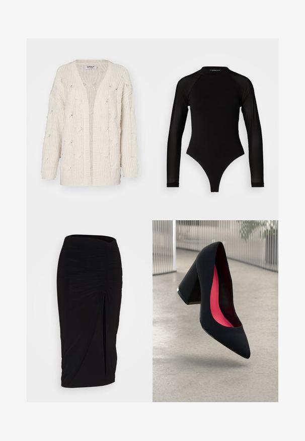 Gilet en maille torsadée crème avec une coupe décontractée, une ouverture à l'avant et des manches longues. Présente un motif texturé et un ourlet large à côtes.; Bodysuit noir à manches longues avec col haut, doté d'un tissu solide sur le torse et de manches en maille transparente, conçu dans une coupe ajustée.; Jupe crayon noire froncée avec détail à nouer et fente latérale. Fabriquée à partir d'un tissu extensible, elle présente une texture lisse et une coupe ajustée.; Chaussure à talon noir avec un bout pointu, surface texturée et un intérieur rose vif. Dotée d'un talon épais avec un accent en argent.