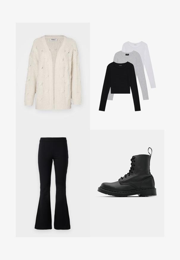 Cremefarbener Zopfstrick-Cardigan mit lockerer Passform, offenem Vorderteil und langen Ärmeln. Hat ein strukturiertes Muster und einen breiten, gerippten Saum.; Drei langärmelige Oberteile gestapelt: schwarz, grau und weiß. Jedes hat einen runden Halsausschnitt und ein kurzes Design aus glattem, leichtem Stoff.; Schwarze, weit geschnittene Hose aus dehnbarem Stoff, mit hohem Bund und ausgestellten Säumen sowie seitlichen Schlitzen für zusätzliche Bewegungsfreiheit.; Schwarzer Lederkampfstiefel mit runder Zehenpartie, Schnürung vorne und einer Zuglasche am Knöchel. Verfügt über eine dicke Gummisohle für Langlebigkeit.