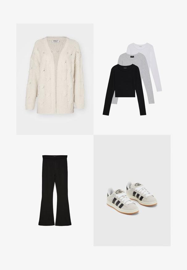 Kreem värvi kootud kardigan lõdva istuvusega, avatud esiosaga ja pikkade varrukatega. Omab tekstuurset mustrit ning laia soonikutega äärt.; Kolm pikkade varrukatega toppi, mis on üksteise peale asetatud: must, hall ja valge. Igal ühel on ümar kaelus ja lühike disain, valmistatud siledast, kergekaalulisest kangast.; Mustad mustad sääred, mis on valmistatud venivast kangast. Omab laia vööd ja siledat tekstuuri, sobituv siluett, mis laieneb allservas.; Hallid hallid nahkrennid valgete paeltega, mustade triipudega ja valge kummitaldiga. Omab ümmargust logo keeles ja kummitalda.