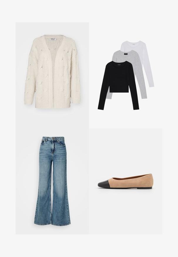 Cream cable-knit cardigan with a relaxed fit, open front, and long sleeves. Features textured pattern and a wide, ribbed hem.; Three long-sleeve tops stacked: black, grey, and white. Each has a round neckline and a cropped design with smooth, lightweight fabric.; High-waisted, light blue wide-leg denim jeans with front pockets and button closure, shown against a plain white background.; Beige suede ballet flat with a black leather rounded toe cap, low heel, and smooth texture, featuring minimal stitching and a clean design.