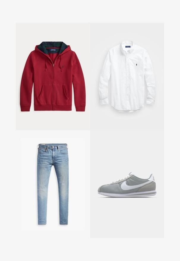 Sweatshirt vermelha com fecho éclair e bolso frontal, com capuz forrado em tecido xadrez verde e azul. Logótipo na área do peito esquerdo. Textura de tecido macio.; Camisa de botões de manga longa branca em algodão. Apresenta um colarinho clássico, punhos com botão e um pequeno logótipo bordado em azul-marinho no peito.; Jeans slim fit em azul claro com leve desbotamento nas coxas, fecho frontal por botão, passantes para cinto e estilo de cinco bolsos sobre um fundo branco.; Sapatilha atlética cinza com um cabedal em camurça e têxtil, símbolo Nike branco e atacadores brancos. Apresenta uma sola de borracha texturizada e colarinho acolchoado.
