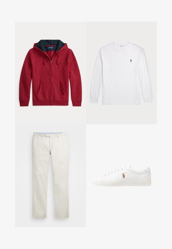 Sweatshirt vermelha com fecho éclair e bolso frontal, com capuz forrado em tecido xadrez verde e azul. Logótipo na área do peito esquerdo. Textura de tecido macio.; Camisola de manga longa branca feita de algodão. Apresenta um decote redondo, punhos canelados e um pequeno logótipo de polo azul-marinho no lado esquerdo do peito.; Chinos de algodão bege com frente plana, passantes para cinto e bolsos laterais. Design de perna reta com uma textura suave e uma sensação leve e respirável.; Sapatilhas de couro brancas, design de cano baixo, com textura suave, biqueira redonda, atacadores à frente e um pequeno logótipo bordado na lateral.