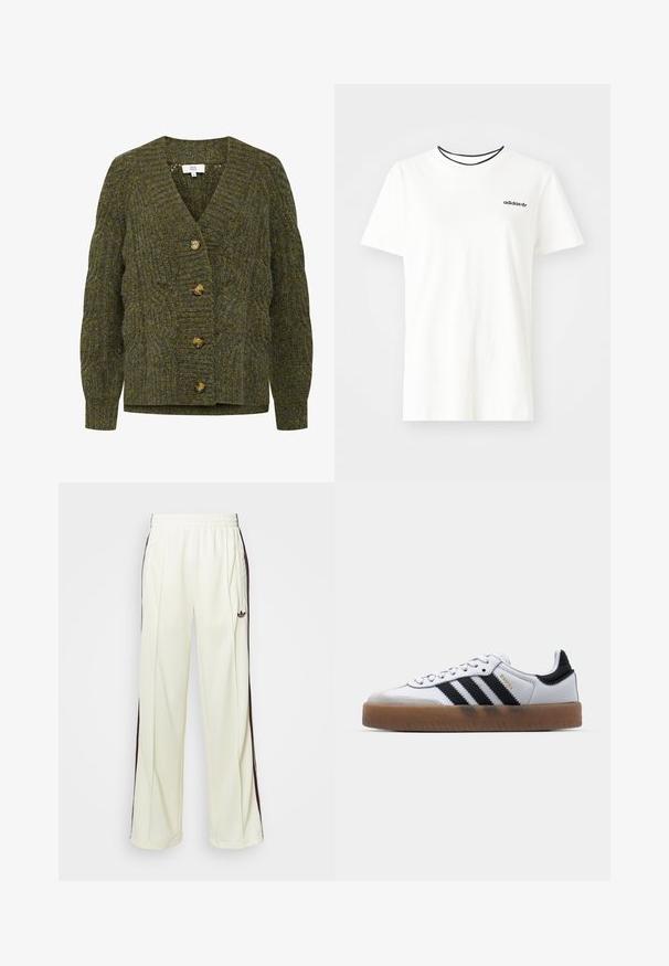 Zelený textúrovaný cardigan s hlbokým V-výstrihom, štyrmi hnedými gombíkmi a dlhými rukávmi. Obsahuje pletený vzor s rebrovaním.; Biela bavlnená tričko s krátkymi rukávmi a okrúhlym výstrihom. Obsahuje čierne logo Adidas na hrudi a kontrastný čierny vnútorný golier.; Krémové mikinové nohavice s voľným strihom, so tmavohnedými bočnými pruhmi a vyšitým logom na ľavom stehne.; Biele kožené tenisky s čiernymi pruhmi, gumová podrážka, okrúhla špička, šnurovanie a mäkký sivý semišový špička.