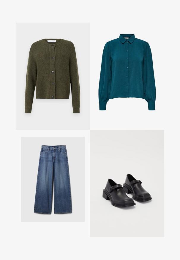 Olivovo zelený sveter vyrobený z textúrovanej pleteniny, s okrúhlym výstrihom, dlhými rukávmi a šiestimi tmavými gombíkmi na zapínanie v prednej časti.; Tyrkysová blúzka s golierom, predným zapínaním na gombíky a dlhými rukávmi. Vyrobená z textúrovanej tkaniny s nariasenými manžetami.; Džíny s širokými nohavicami v modrej farbe s vyblednutým povrchom, s gombíkom a zipsom, piatimi vreckami a pútkami na opasok.; Čierne kožené topánky s okrúhlou špičkou, plochou podrážkou a remienkom s detailom pracky. Hrubý blokový opätok pre väčšiu stabilitu.