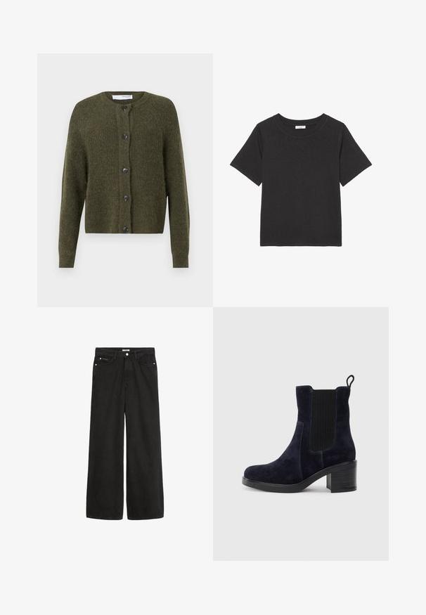 Olive green cardigan made of textured knit fabric, featuring a round neckline, long sleeves, and six dark button closures down the front.; Black t-shirt made of soft fabric, featuring a crew neckline and short sleeves. The design is simple with no visible patterns or accents.; Wide-leg black denim jeans with a high waist. Features five pockets, metal hardware, and a clean finish. The texture is smooth and soft.; Navy blue suede ankle boot with elastic side panel, rounded toe, and block heel. Textured fabric and smooth sole add contrast.