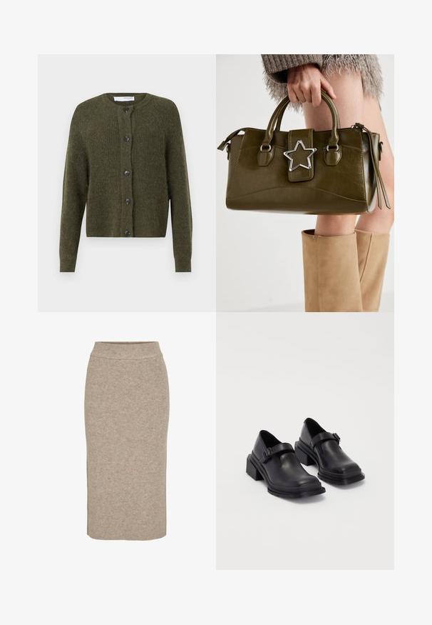 Oliivroheline kardigan, mis on valmistatud tekstureeritud kudumist, ringkaela, pikkade varrukate ja kuue tumeda nööbiga eessuunas.; Kreemjas trikotaažist lühike topp. Pikad varrukad, millel on ribakujuline tekstiil ja väikesed lõikeavad kaeluse ümber.; Kootud pliiatsiseelik heledas beežis, ebatavalise kude tekstuuriga, kõrge vöökoht ja kitsas figuur. Hem jõuab põlvest allapoole.; Mustad mustad jalanõud ümmarguse varbaga, tasase tallaga ja kinnitusega rihmaga, millel on pandla detail. Suure plokknina, mis tagab lisastabiilsuse.; Oliivroheline kunstnahast käekott koos hõbedase tähe aktsendiga, kahe käepideme ja luku sulgemisega. Tekstuuriga pind ja struktureeritud kuju.