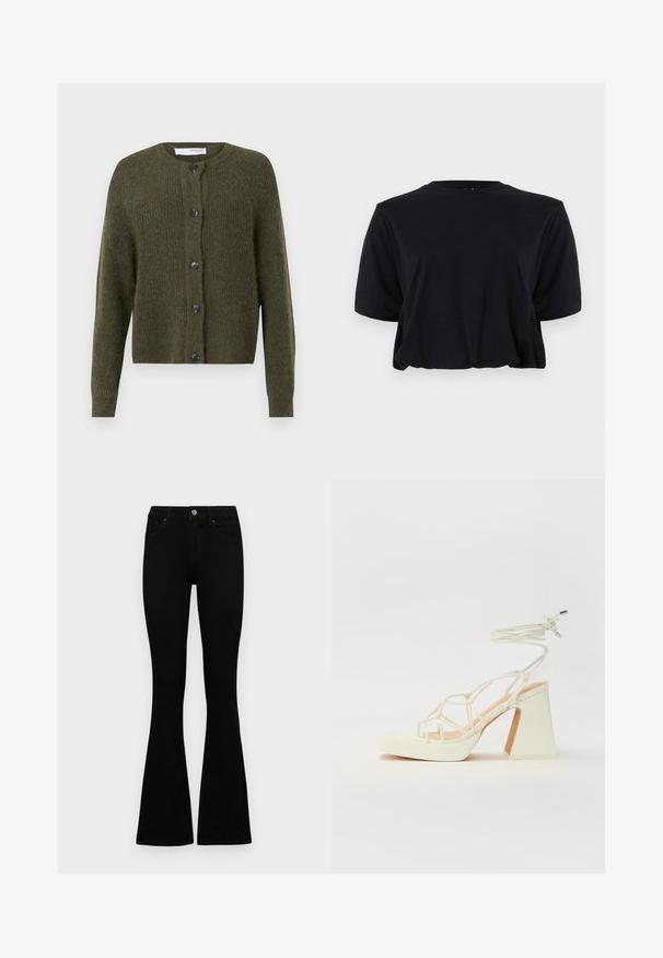 Olive spalvos kardiganas, pagamintas iš tekstūrinio trikotažo, su apvaliu iškirpimu, ilgomis rankovėmis ir šešiomis tamsiomis sagomis priekyje.; Juodas trumpas medvilnės marškinėliai su trumpomis rankovėmis ir apvaliu iškirpimu, turintys švarų, besiūlį dizainą ir minkštą tekstūrą.; Juodos aukšto liemens džinsai su mygtuku ir užtrauktuku, priekinėmis kišenėmis ir platėjančiomis kojomis, išdėstyti ant baltos fono.; Balti aukštakulniai sandalai su masyviu kulnu, su dirželių dizainu ir kulkšnies raiščiu. Lygi tekstūra su platforma priekyje, suteikianti papildomą aukštį.