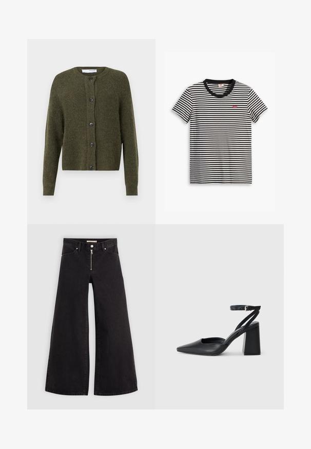 Olivovo zelený sveter vyrobený z textúrovanej pleteniny, s okrúhlym výstrihom, dlhými rukávmi a šiestimi tmavými gombíkmi na zapínanie v prednej časti.; Čierno-biela pruhovaná tričko vyrobené z bavlny. Má okrúhly výstrih a malé červené logo Levi's na hrudi. Krátke rukávy.; Dlhé nohavice vo voľnom strihu z čierneho denimu so zipsom vpredu, päť vrecúškovým dizajnom a jemnými stehovými detailmi. Hladká textúra a neformálny štýl.; Čierne kožené lodičky s špicatou špičkou a členkovým remienkom, s masívnym podpätkom. Hladký povrch, elegantný dizajn a minimalistická estetika.