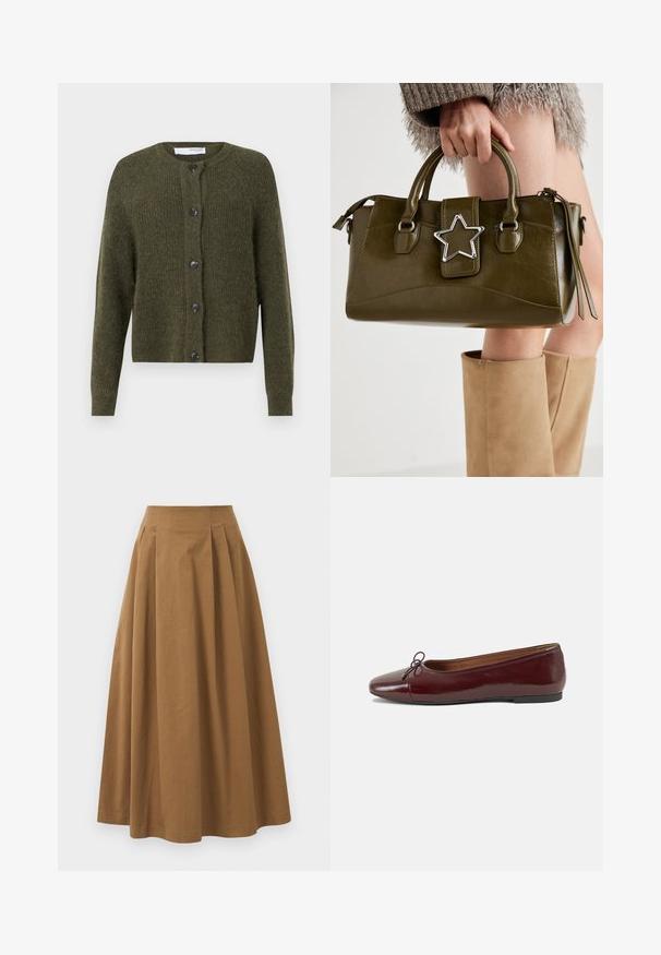 Maslinasto zeleni cardigan izrađen od teksturiranog pletenog materijala, s okruglim izrezom, dugim rukavima i šest tamnih dugmadi sprijeda.; Fleecasti prsluk krem boje s okruglim izrezom, prednjim kopčanjem na dugmad i dva velika zakrpljena džepa. Ima teksturiranu površinu i kontrastne obrube.; Bjela košulja na dugih rukava od glatkog pamuka, s klasičnom kragnom i zakrivljenim rubom. Dugmad su mala i bijela.; Smeđa pamučna suknja A kroja s visokim strukom, koja ima nabore sprijeda i glatku teksturu. Završetci donjeg ruba su čisti i jednostavni.; Burgundska lakirana balerinka s zaobljenim vrhom, malim mašnom sprijeda i niskom, crnom gumenom potplatu. Glatka tekstura.; Maslinasto zelena torba od umjetne kože s srebrnim zvijezdastim detaljem, dvostrukim ručkama i zatvaranjem na munje. Teksturirana površina i strukturirani oblik.