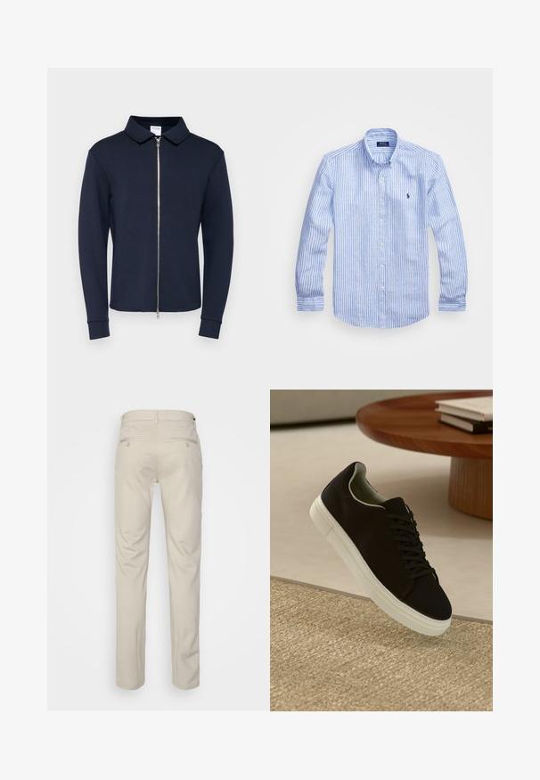 Sötétkék, zipzáras dzseki, gallérral, hosszú ujjakkal és bordázott mandzsettákkal, sima, rugalmas anyagból készült. Ezüst színű cipzár részlet elöl.; Kék és fehér csíkos, hosszú ujjú pamut ing, gombos gallérral, elől gombokkal és egy kis hímzett logóval a mellkason.; Beige nadrág sima felülettel, egyenes szabással, két gombos hátsó zsebbel és normál derékrésszel.; Fekete sneakers fehér talppal lebeg egy bézs textúrájú szőnyeg felett, egy kerek fából készült asztal közelében, rajta egymásra pakolt könyvekkel.