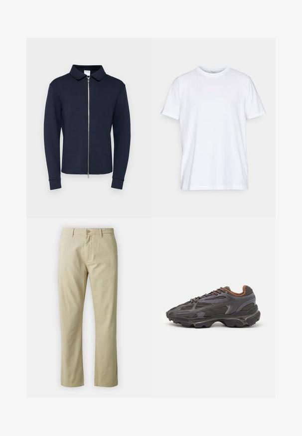 Námornícky modrá prešívaná bunda so stojacím golierom, dlhými rukávmi a rebrovanými manžetami, vyrobená z hladkej, elastickej tkaniny. Strieborný zips na prednej strane.; Biela bavlnená tričko s krátkymi rukávmi, okrúhlym výstrihom a voľným strihom. Má minimalistický dizajn, bez vzorov alebo akcentov.; Béžové bavlnené nohavice so strihaťou rovného strihu, predným zapínaním na gombík a pútkami na opasok. Hladká textura, bez viditeľných vzorov alebo akcentov.; Lacoste tenisky v tmavo sivej farbe z nylonu a syntetického materiálu, s textúrovanou podrážkou a hnedými akcentami na golieri a brandingu.