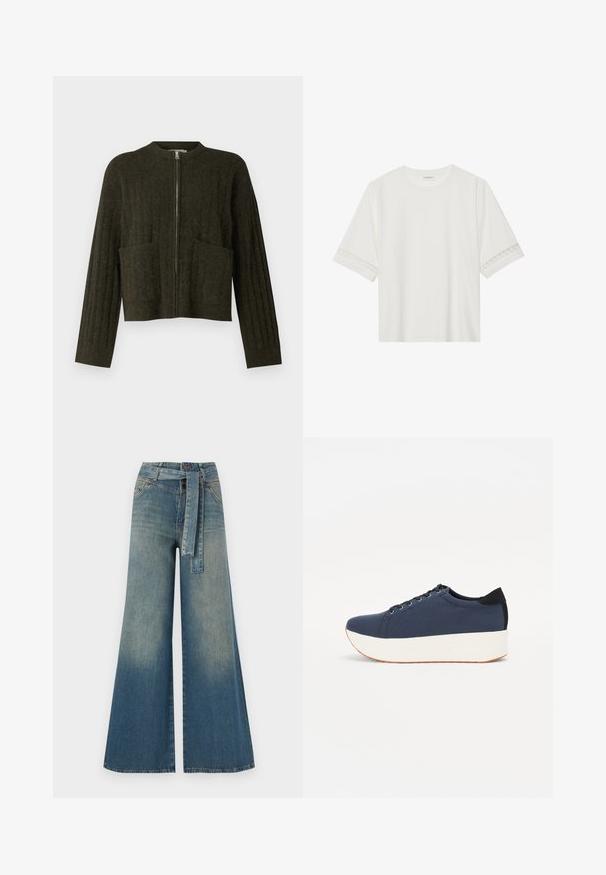 Tume roheline lühike kampsun ribakstoniga, laiade varrukatega, kahe esiseguga taskuga ja keskel asuva metalsete lukuga. ; Valge lühikese varrukaga T-särk, mis on valmistatud puuvillast, kaunistatud pitsiga varrukate ääres ja ümmarguse kaelusega.; Laiad denimpüksid, millel on hele tume sinine gradiendiefekt, kõrge vöökoht, vöökumlid ja sobivast kangast vöö. Struktureeritud denimi viimistlus.; Tumedat sinised tennised tekstureeritud riidest pealispinnaga, valge platvormi tallaga, ümarate varvaste ja musta kontsapaneeliga. Omab kuut silma paelte jaoks.