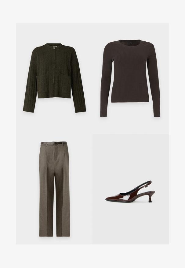 Tumši zaļš īsās piedurknes džemperis ar ribotu tekstūru, platām piedurknēm, divām priekšējām kabatām un centrālu metāla rāvējslēdzēju.; Brūns, garām piedurknēm ribots tops ar apaļu kakla izgriezumu. Izgatavots no gludas, elastīgas materiāla, ar pieguļošu siluetu un minimālu apdari.; Brūnas pielāgotas bikses ar taisnu griezumu, ar gludu tekstūru, jostas cilpām un plakanu priekšpusi.; Brūnas patentētas ādas sprauga kurpes ar norādītu pirkstu un mērenu papēdi. Aprīkotas ar sprādzi, lai nodrošinātu drošu fit. Gluda tekstūra.