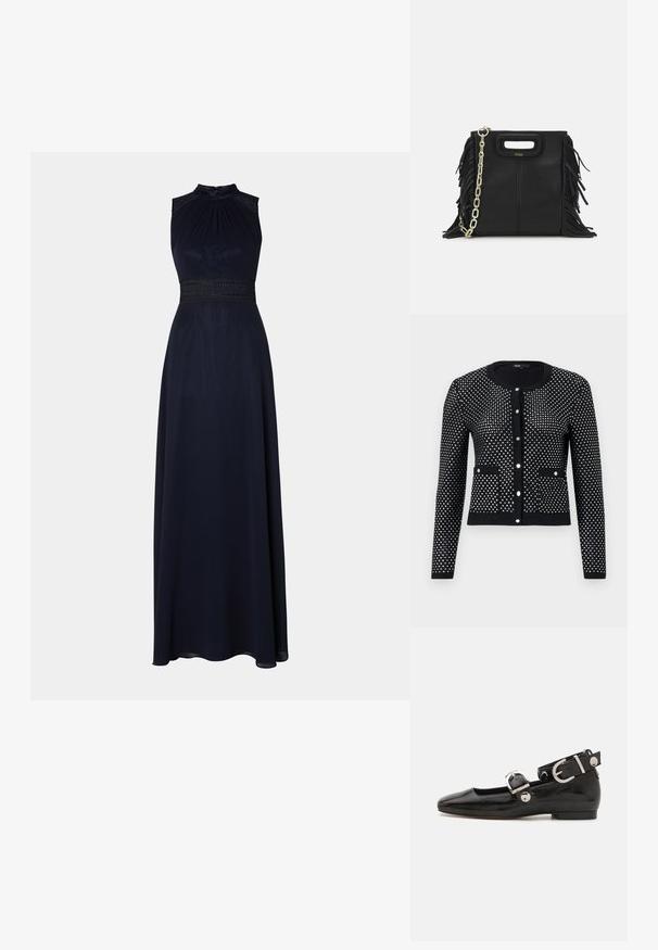Zwarte cardigan met een zilveren stippenpatroon, voorzien van geribbelde manchetten, voorzakken en een ronde halslijn. Vastgezet met vijf metalen knopen.; Marineblauwe vloerlength jurk met halternek, geplooide lijfje en decoratieve kanten tailleband. Glad stof met een gedrapeerde, elegante silhouet.; Zwarte gepatineerde leren platte schoen met een vierkante neus, enkelband met zilverkleurige hardware en platte zool. Gladde textuur met minimalistisch ontwerp.; Zwarte leren handtas met franjes, gouden schouderband van schakels en een uitsnijding in de handgreep. Heeft het logo prominent aan de voorkant.