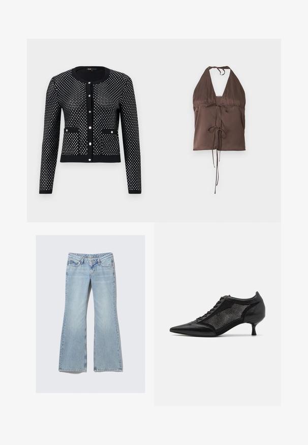 Czarny kardigan z srebrnym wzorem w kropki, z prążkowanymi mankietami, przednimi kieszeniami i okrągłym dekoltem. Zapięty na pięć metalowych guzików.; Brązowy top na szyi wykonany z gładkiego materiału, z głębokim dekoltem w kształcie litery V, regulowanymi trokami oraz z detalem wiązania z przodu dla dopasowanego wyglądu.; Weekday NOVA niebieski; Czarny but na szpilce z ostrym noskiem, z panelem z siateczki, z niskim obcasem i sznurowanym przodem. Wykonany z połączenia skóry i materiału siateczkowego.