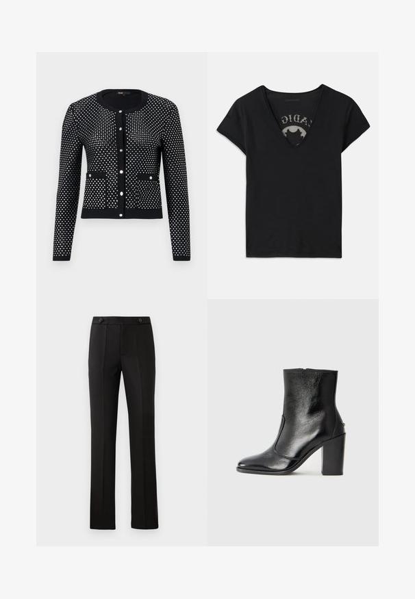 Cardigan negru cu model de puncte argintii, având mâneci ribbate, buzunare frontale și guler rotund. Se închide cu cinci butoane metalice.; Tricou negru cu mânecă scurtă și decolteu adânc în formă de V, având un panou din plasă și un design imprimat pe stratul interior. Material moale și respirabil.; Pantaloni negri croiți, cu un croi drept, două buzunare frontale, închidere cu nasture și detalii cu pliuri în față. Textură de țesătură netedă.; Botină din piele neagră, cu o textură netedă, vârf ascuțit și toc gros, înalt. Dispune de o deschidere laterală și un design minimalist.
