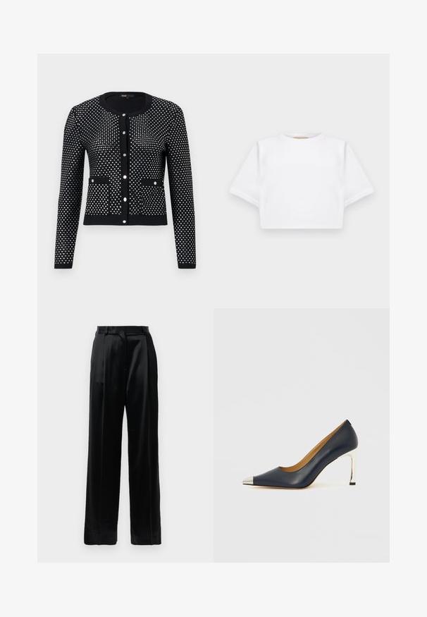 Svart cardigan med silverprickigt mönster, med ribbade ärmslut, framfickor och rund halsringning. Knäppt med fem metallknappar.; Klippt vit t-shirt tillverkad av mjukt tyg, med korta ärmar, rund halsringning och ribbade kantdetaljer. Enkel och utan prål design.; Svarta högmidjade satintrosor med raka vida ben, bälteshällor och en slät frontstängning mot en vit bakgrund.; Mörkblå högklackad lädersko med spetsig tå, som har en silverfärgad metallhätta och en glänsande silverstiletto-häl.