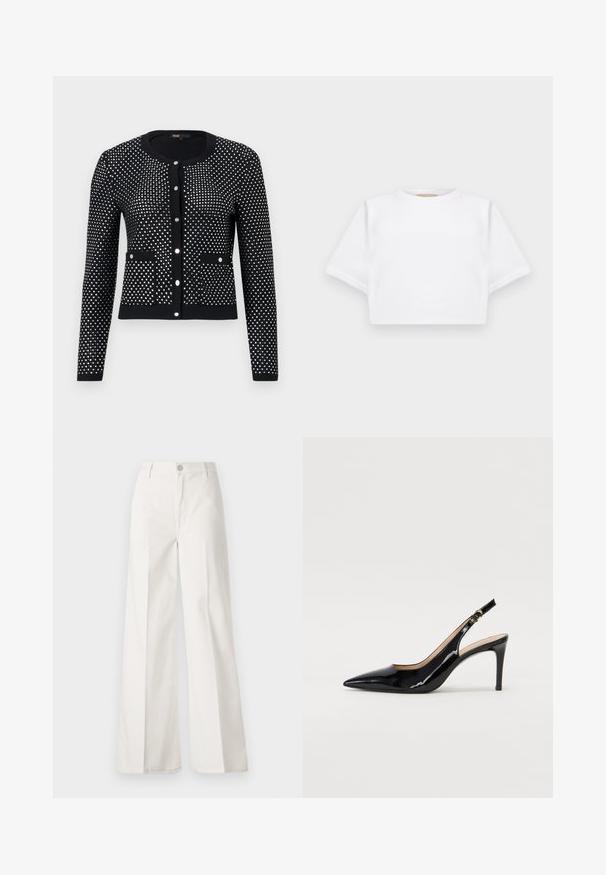 Mustra musta kardigan hõbedaste täppidega, millel on soonikkoes varrukate otsad, eesmine taskud ja ümar kaelus. Kinnitatud viie metallnõelaga.; Lühikeste varrukatega, pehmest kangast lõigatud valge T-särk, millel on ümar kaelus ja soonikuga ääred. Lihtne ja ilma kaunistusteta disain.; Valged laiade jalgadega püksid, mis on valmistatud siledast puuvillast. Omab esitallist ning lukuga sulgemist ja nelja tasku disaini.; Must hõbedavärvi patendiga slingback kontsakingad terava varbaga, kitsas konts ja peene lõikega disain. Statistika on kuldne pandla rihmal.