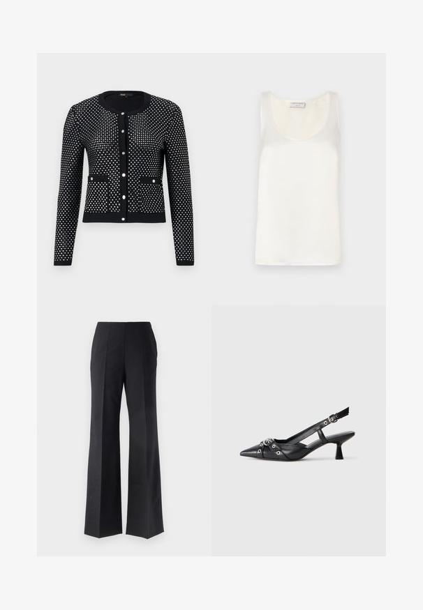 Černý cardigan s motivem stříbrných teček, s žebrovanými manžetami, předními kapsami a kulatým výstřihem. Zapíná se na pět kovových knoflíků.; Bílé saténové tílko bez rukávů s kulatým výstřihem a hladkou texturou, s jemným leskem a čistými okraji.; Černé tailored kalhoty s rozšířenou nohavicí, zdobené vertikálními sklady a hladkou texturou. Žádné viditelné kovové prvky nebo akcenty.; Černé kožené slingback boty s špičatou špičkou, dekorativními pásky s kovovými očky a nízkým blokovým podpatkem. Texturovaný povrch.