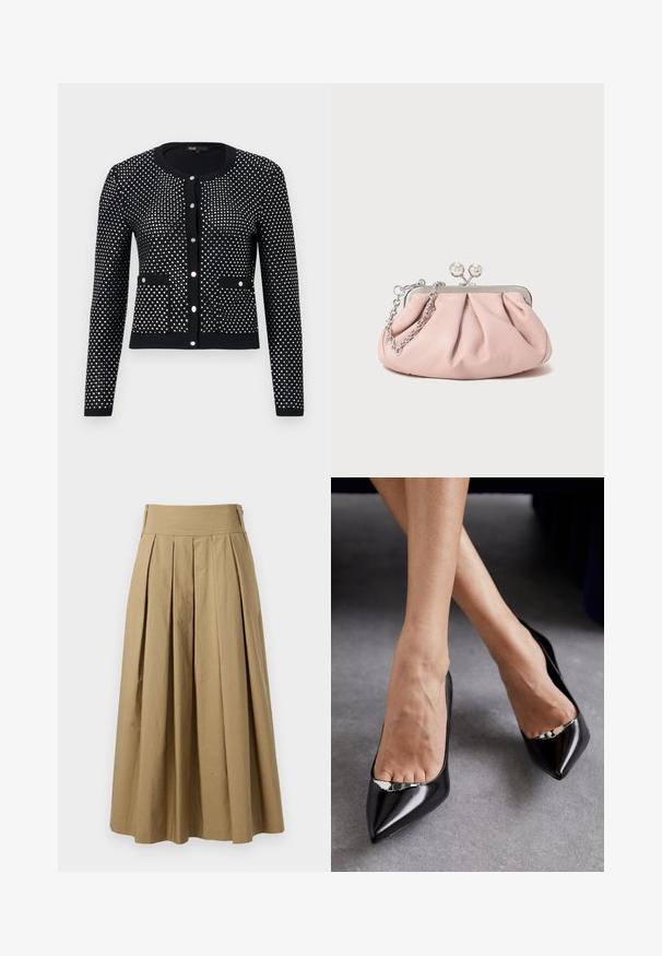 Schwarze Strickjacke mit silbernem Punktmuster, ausgestattet mit gerippten Bündchen, vorderen Taschen und Rundhalsausschnitt. Mit fünf metallischen Knöpfen verschlossen.; Schwarzes Tanktop mit dünnen Spaghetti-Trägern, aus geripptem Stoff, mit geradem Schnitt und einem Etikett am Hals, auf dem "IVY OAK" steht.; Khakifarbener, plissierter Rock mit hohem Taillenbund, aus Baumwolle gefertigt. Verfügt über ein schwingendes Design und der Saum ist mit feinen Nähten verziert.; Schwarze Leder-Pumps mit hohem Absatz, spitzer Zehenform und offenem Design, ausgestattet mit einem dekorativen silbernen Akzent. Glatte Textur mit poliertem Finish.; Rosa Leder-Clutch mit einem gerafften Design, Metallrahmen, zwei runden Verschlüssen und einem silbernen Kettenriemen. Glatte Textur, kompakte Form.