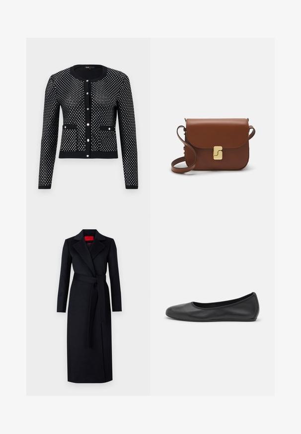 Cárdigan negro con patrón de puntos plateados, que presenta puños acanalados, bolsillos frontales y escote redondo. Cerrado con cinco botones metálicos.; Camiseta de manga corta blanca hecha de tela de canalé. Cuello redondo, corte regular y detalles de costura sutiles. Sin patrones ni gráficos.; Abrigo negro de trinchera con mangas largas, diseño envolvente y cinturón a juego. Hecho de una tela suave, cuenta con un cuello muesca y bolsillos laterales.; Bailarina de piel negra con punta redondeada, textura suave, detalle de costura minimalista y diseño de suela flexible.; Bolso de mano de cuero marrón con cierre de solapa, herrajes en tono dorado, correa para el hombro y una textura suave. Forma rectangular compacta.