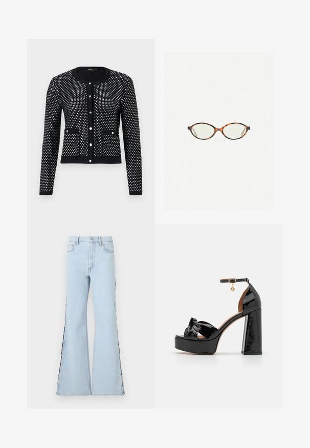 Schwarze Strickjacke mit silbernem Punktmuster, ausgestattet mit gerippten Bündchen, vorderen Taschen und Rundhalsausschnitt. Mit fünf metallischen Knöpfen verschlossen.; Schwarzes, geripptes Tanktop mit rundem Ausschnitt und besticktem Logo in Weiß. Der Stoff hat eine glatte Textur und eine körperbetonte Passform.; Helle blaue Schlagjeans mit einer hohen Taille, Knopfdetails entlang der Seitennähte und einer weichen Denim-Textur.; Maje High Heel Sandalette - noir; Schildpatt-Eyegläser mit ovalen Gläsern und einer eleganten, glatten Oberfläche. Mit dünnen Seiten und einer subtilen Kurve an den Schläfen. Klare Gläser.
