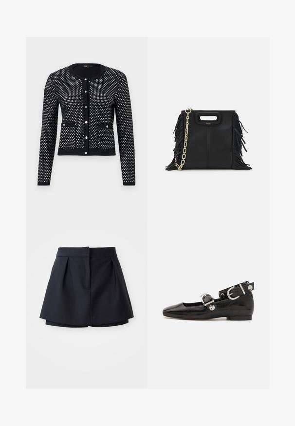 Schwarze Strickjacke mit silbernem Punktmuster, ausgestattet mit gerippten Bündchen, vorderen Taschen und Rundhalsausschnitt. Mit fünf metallischen Knöpfen verschlossen.; Navyblaues gestreiftes Poloshirt mit spitzem Kragen, kurzen Ärmeln und zwei vorderen Taschen mit Druckknöpfen; hervorgehoben durch weiße Steppnähte.; Marinefarbene Falten-Shorts mit hoher Taille, aus glattem Stoff gefertigt. Sie verfügen über ein figurbetontes Design und eine versteckte Fronttasche.; Schwarze Lackleder-Ballerina mit eckiger Zehenpartie, Knöchelriemen mit silberner Hardware und flacher Sohle. Glatte Textur mit minimalistischen Design.; Schwarze Lederhandtasche mit Fransen-Details, goldener Ketten-Schulterriemen und einem ausgeschnittenen Griff. Mit Logoplatzierung auf der Vorderseite.