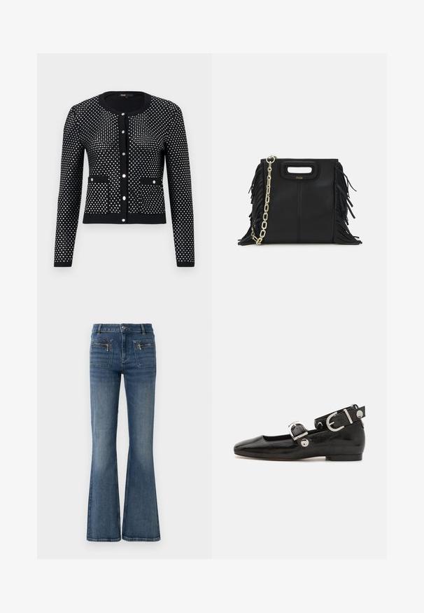 Juodas kardiganas su sidabro taškų raštu, turintis raštuotas rankoves, priekines kišenes ir apvalią iškirptę. Uždarytas su penkiomis metalinėmis sagomis.; Jūros mėlynos spalvos šonkaityta polo marškinėliai su smailiu apykakle, trumpomis rankovėmis ir dviem priekinėmis kišenėmis su šonu užsegamais mygtukais; išryškinti baltais siūlų akcentais.; Mėlyni džinsai su plačiomis blauzdomis, vidutinio aukščio juosmeniu, turi priekines ir galines kišenes bei subtilų išblukimą.; Juodas lakinės odos plokščias batelis su kvadratiniu pirštu, kulkšnies dirželiu su sidabro detalėmis ir plokščiu padu. Sklandus paviršius su minimalistišku dizainu.; Juodas odinis rankų darbo rankinys su frinzuotomis detalėmis, auksine grandinės petneša ir išpjauto dizaino rankena. Pirmoje pusėje yra logotipo vieta.